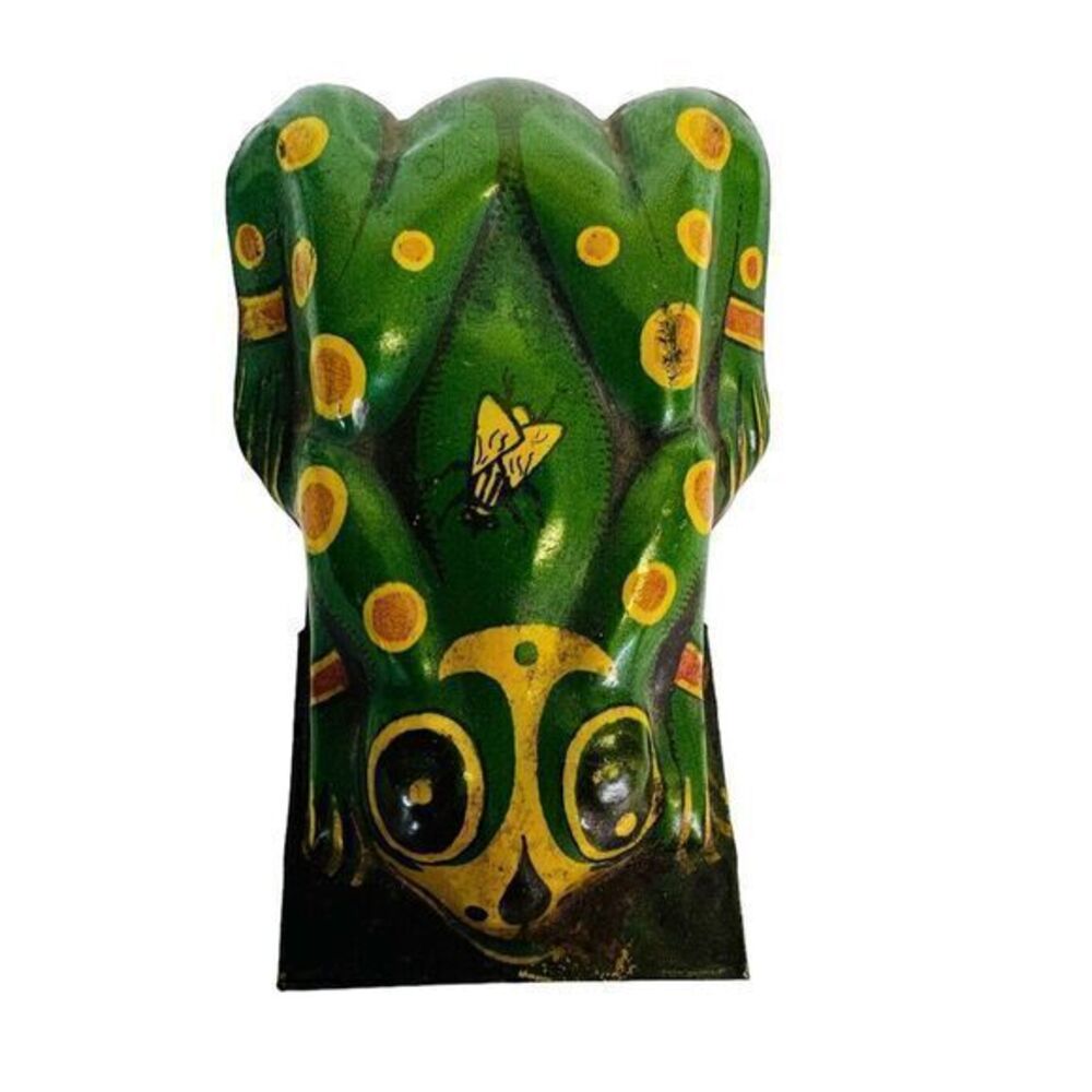 Vintage Tin Litho Green Yellow Frog‎ Clicker Noisemakers Toy Fly on Back 2 x 3".